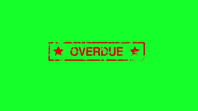 A 4K red rubber stamp animation with the word "OVERDUE", featuring a grunge ink effect on three background variations: white, green screen (chroma key), and black. 