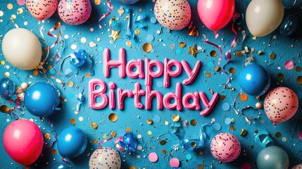 Colorful birthday celebration scene with balloons, confetti, and festive decorations on a blue background