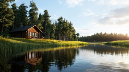 Fototapeta premium A serene cabin by a tranquil lake, surrounded by lush greenery and tall trees under a bright sky, reflecting nature