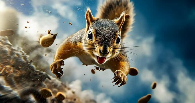 Skydiving Squirrel Chasing a Nut