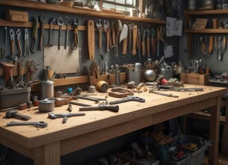 Disorganized workbench with scattered tools and equipment, disorganized, tools