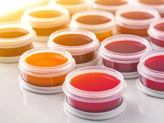 Colorful gel containers arranged neatly, showcasing a variety of vibrant hues from orange, red, and yellow, likely for art or crafts.