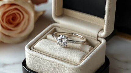 Elegant engagement ring resting in a plush box beside a delicate rose on a marble surface