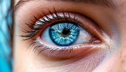Fototapeta premium Close up blue eye with iris mirroring intricate digital circuit pattern, representing technological innovation and human machine convergence