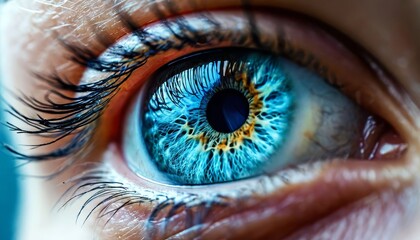 Extreme closeup revealing intricate iris fibers, glowing with vivid colors and network like patterns under dramatic illumination