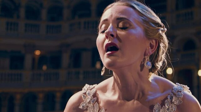 Close-up video shot of a woman singing passionately in an ornate theater, capturing her expressive emotion and elegant attire from a low angle.