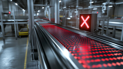 Red X Error on Industrial Conveyor Belt in Modern Factory