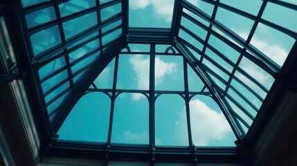 Close-up photo of a blue glass roof with black metal frames, featuring a geometric shape against a sky background.