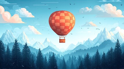 A vibrant hot air balloon floats over majestic mountains and lush forests under a clear sky