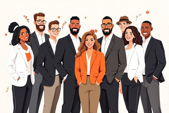 Group of diverse professionals in formal attire, smiling confidently on a light background. Business success and teamwork concept. Ai generative