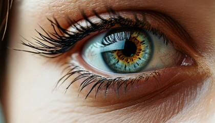 Extreme close up revealing intricate iris patterns, dilated pupil, and surrounding eyelashes, capturing human eye's delicate structural complexity