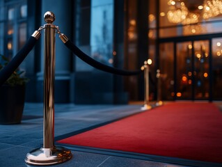 Red carpet entrance, city building, velvet rope, event