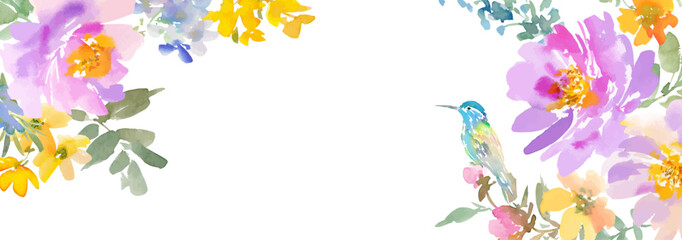 A spring banner illustration featuring abstract peonies and hummingbirds painted in watercolor with transparent background. A hand-painted vector design for a spring floral background. © Sawango