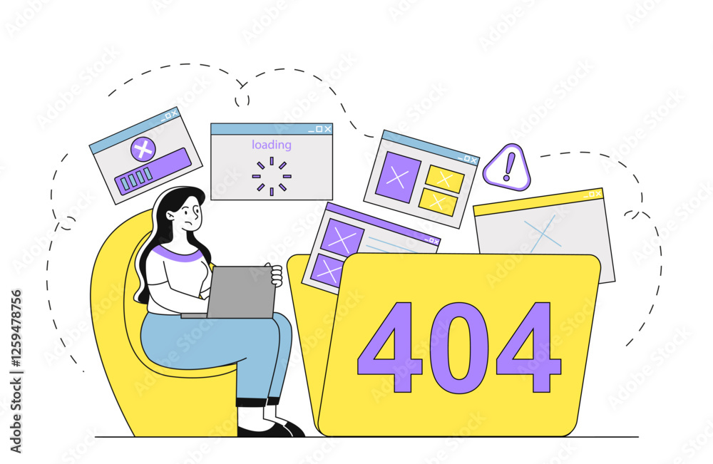 Wall mural woman experiencing 404 error with floating broken web pages.