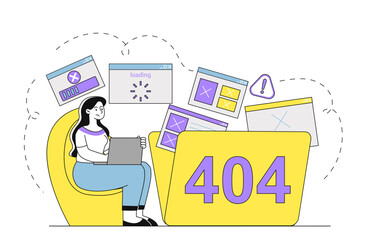 Woman experiencing 404 error with floating broken web pages. 