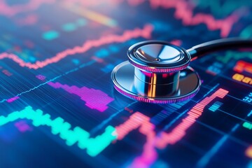 Stethoscope on vibrant financial chart; market health