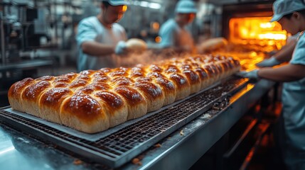 Freshly baked golden bread rolls cooling on a rack in a bustling bakery kitchen