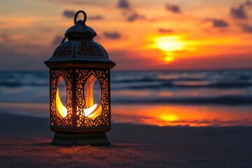 Traditional lantern lamp with crescent moon on the beach during sunset, Ramadan Kareem and Eid with generative ai