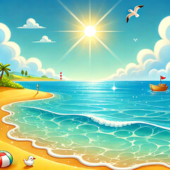 Obraz premium Cartoon Beach Scene with Blue Ocean and Wooden Boat