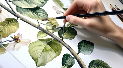 A student paints a detailed botanical illustration with watercolors, capturing the fine textures of leaves and flowers using controlled brushstrokes.