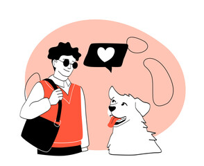 Man with bag smiling at happy dog with heart speech bubble. 