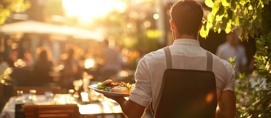 Waiter Serving Food at Outdoor Restaurant during Golden Hour