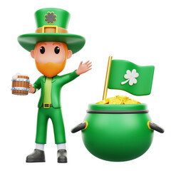 Man With ST Patrick's Outfit Celebrating 3D Illustration Isolated Transparent Background