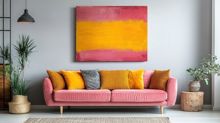 Pink sofa, abstract art, modern living room, interior design, home decor
