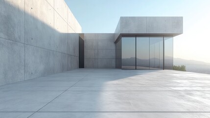 3D rendering of a modern house with a concrete facade, minimalist architectural design. Modern contemporary home exterior. Architectural building design. A minimalist square block structure with glass