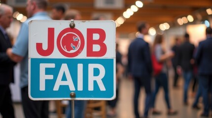 job fair sign displayed at an event, featuring bold colors and clear text