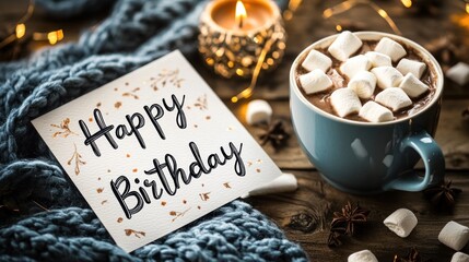 Cozy Birthday Wishes: Card, Hot Chocolate, and Warm Ambiance Still Life