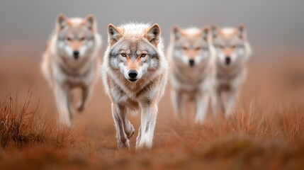 Fototapeta premium Wolves running in a field, autumn scene, wildlife photography