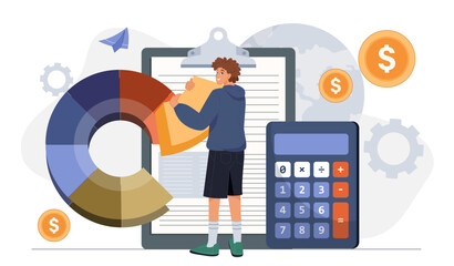 Man analyzing financial data with pie chart and calculator. 