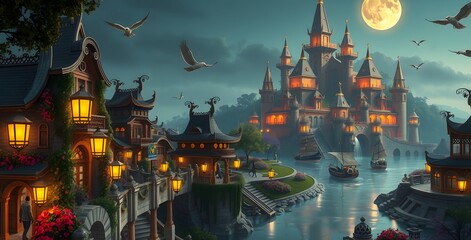 Fototapeta premium Enchanted Fantasy City by the Sea with Waterways and Glowing Lanterns 