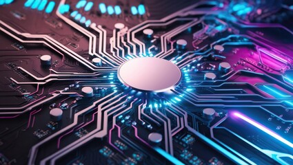 Fototapeta premium A vibrant, futuristic abstract depiction of a circuit board, showcasing intricate networks of pathways and nodes, set against a mesmerizing backdrop of swirling colors and patterns, evoking the sensat
