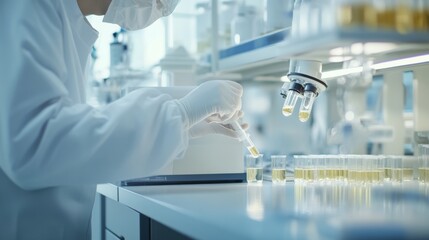 Fototapeta premium High-tech pharmaceutical research facility. Scientists developing new drugs and treatments. Emphasizing precision and innovation in pharmaceutical industry. Ideal for pharmaceutical research features.