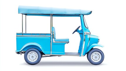 Obraz premium A vibrant blue tuk-tuk vehicle, isolated on a white background, showcasing its unique design and features for travel and transportation.