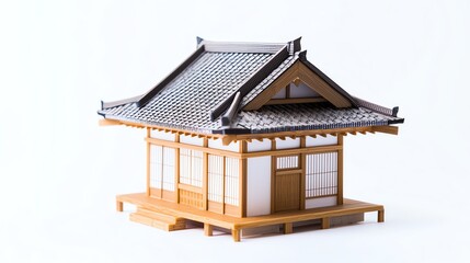Fototapeta premium A beautifully crafted model of a traditional Japanese house showcasing intricate details and design elements against a white isolated background.