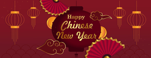 Happy Chinese New Year celebration with lanterns and decorations. 