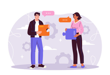 Teamwork concept with man and woman holding puzzle pieces. 