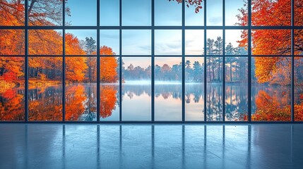 Serene autumn landscape viewed through large glass windows, showcasing vibrant foliage and calm waters