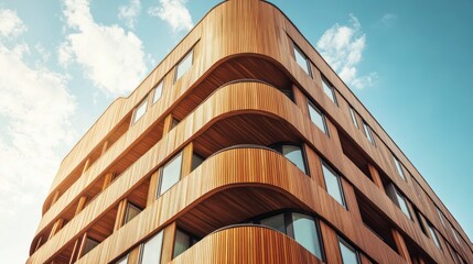 A building facade made of wooden slats with visible grain, set against the blue sky. The wooden slabs create an organic and natural look, adding texture to the exterior design