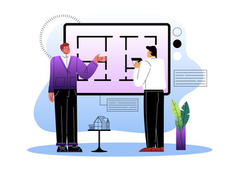 Architects discussing building blueprint on interactive display. 