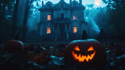 Spooky Halloween pumpkins before haunted house.