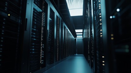 High-tech server room with data servers. Featuring rows of server racks. Highlighting data center technology. Ideal for IT infrastructure articles.