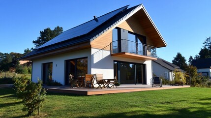 Modern solar home, suburban landscape, sunny day, outdoor patio
