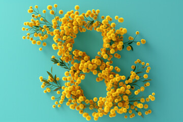 number 8 created with yellow mimosa flowers on turquoise background