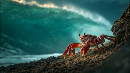 Fototapeta premium Low Light Coastal Crab Photography: Vibrant Colors & Ocean Textures
