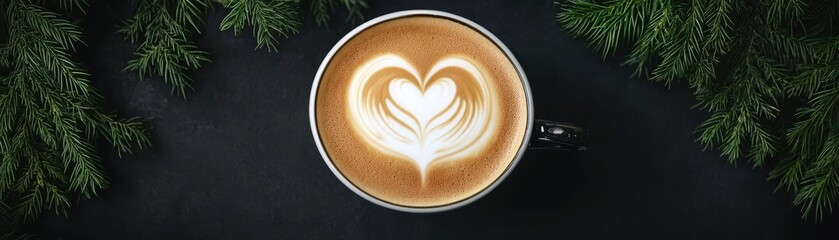 A latte with a heart design sits in a cup, surrounded by greenery, creating a warm and inviting atmosphere.
