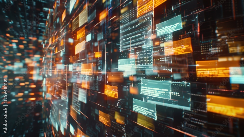 Poster abstract network grid with files and folders, futuristic software interface, digital document manage